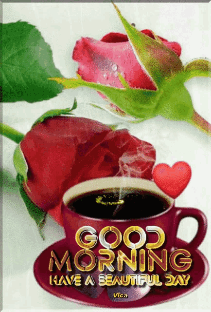 a cup of coffee on a saucer with the words good morning have a beautiful day below it