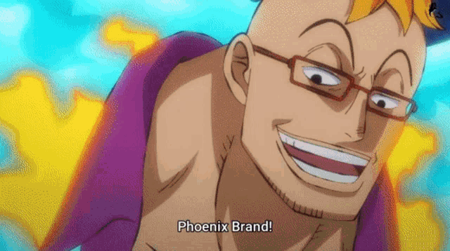 a man with glasses is smiling and saying `` phoenix brand '' in a cartoon .