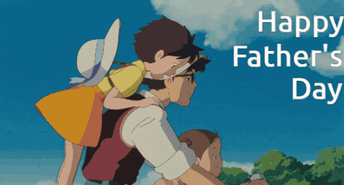 a happy father 's day greeting card with a cartoon of a man carrying two children on his shoulders