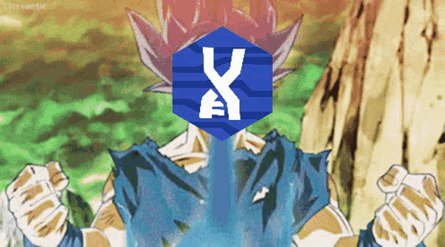 a cartoon character with a blue cube with the letter x on it in front of his face