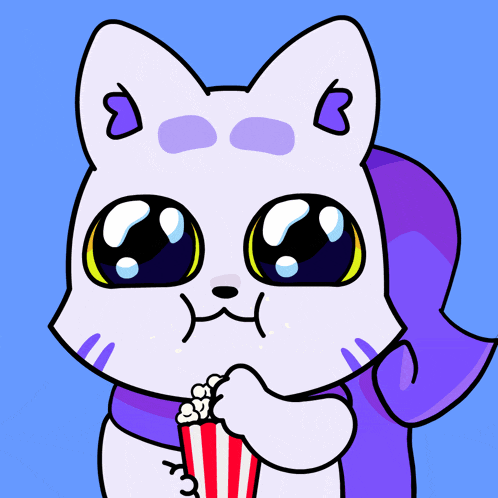 a cartoon of a cat eating popcorn with a purple scarf around its neck