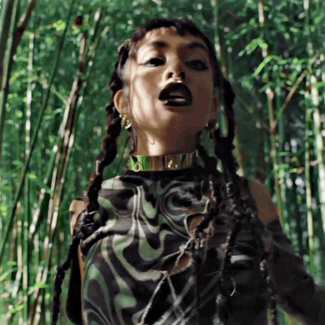 a woman wearing a choker and braids is standing in a forest