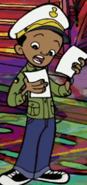 a cartoon of a boy wearing a hat with a duck on it