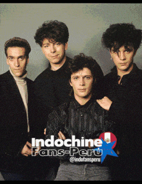a group of young men are posing for a photo with the words indochine fans-peru on the bottom