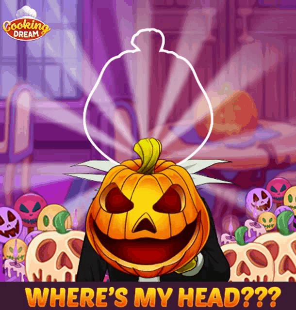 an advertisement for cooking dream shows a pumpkin head