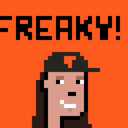 a pixel art of a man wearing a hat with the words freaky below him