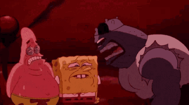 spongebob and patrick are standing next to each other and spongebob is crying and patrick is smiling .