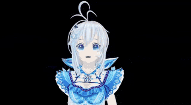 a cartoon girl with white hair and blue eyes is wearing a blue dress