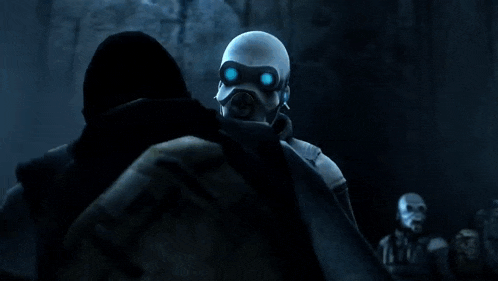 a man wearing a gas mask with blue eyes looks at the camera