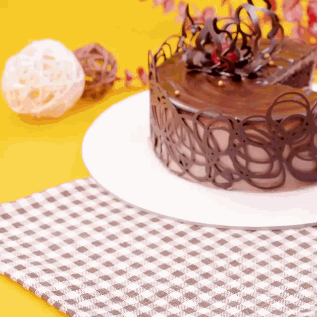 a chocolate cake sits on a checkered tablecloth