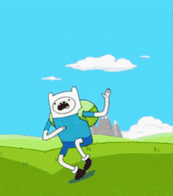 finn from adventure time is running in a field with a backpack