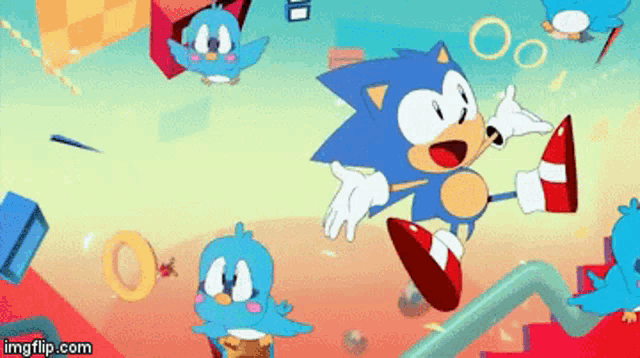 a cartoon of sonic the hedgehog surrounded by birds and a pipe .
