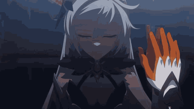 a girl with white hair is holding a person 's hand in a dark room
