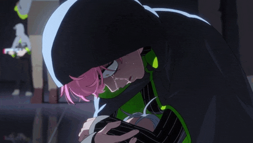 a pink haired anime character is crying with tears coming out of her eyes