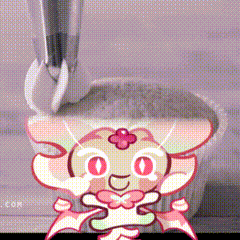 a cartoon character with a flower on her head is standing in front of a cup of coffee