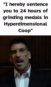 a man in a suit and white shirt is talking about grinding medals in a hyperdimensional coop