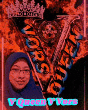 a woman wearing glasses and a hijab stands in front of a logo that says v queen yvors