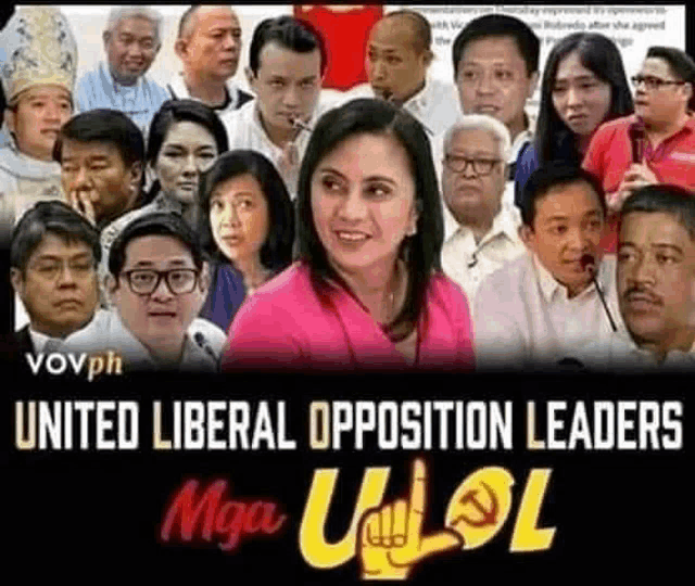 a group of people are standing next to each other in front of a sign that says `` united liberal opposition leaders '' .