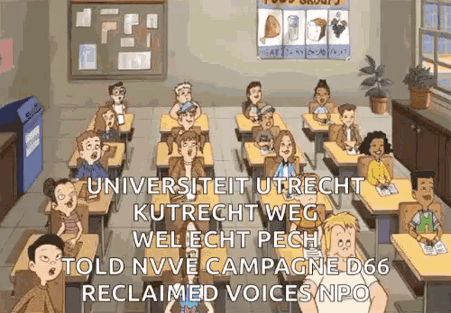 a group of people are sitting at desks in a classroom with the words reclaimed voices npo on the bottom .