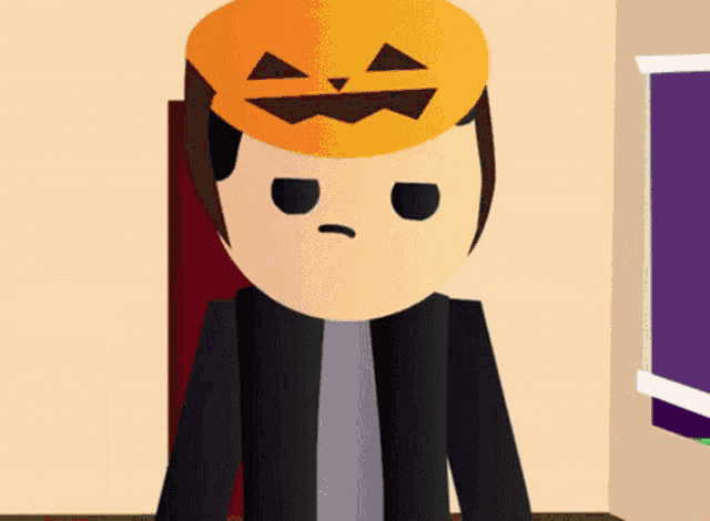 a cartoon character with a pumpkin on his head making a face