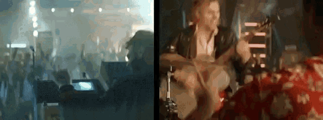 a man is playing drums in front of a crowd while another man plays a keyboard .