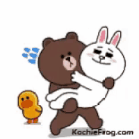 a brown bear is holding a white rabbit and a yellow duck is standing next to them .
