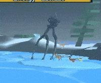a video game character is standing on a piece of ice with a gun .