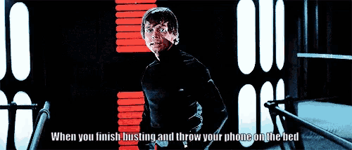 a picture of a man with the words when you finish busting and throw your phone on the bed below him