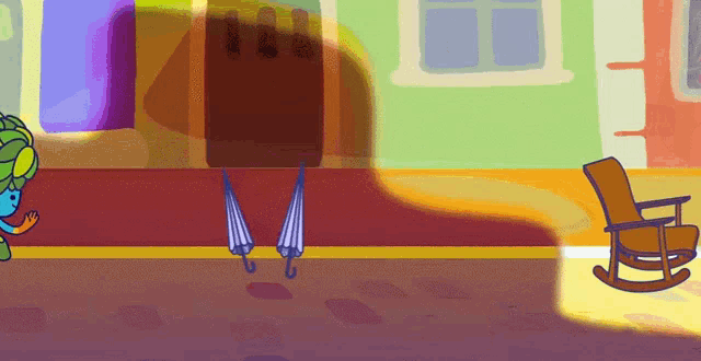a cartoon of a rocking chair and umbrellas