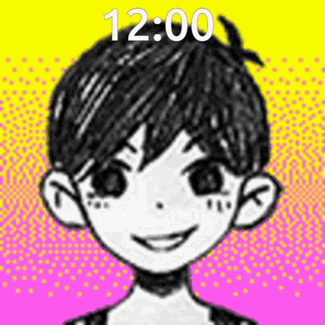 a drawing of a boy with the time 12:00 on the bottom right