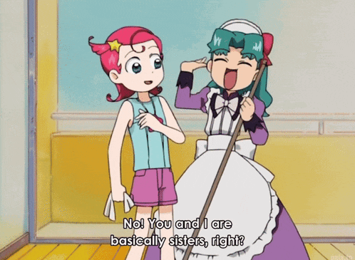 a girl in a maid outfit is talking to another girl