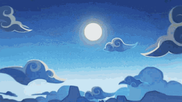a cartoon illustration of a night sky with clouds and a full moon