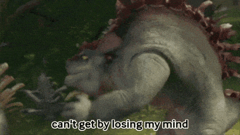 a dinosaur says " can 't get by losing my mind " in front of a tree