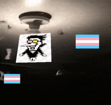 a pixel art of a man smoking a cigarette with a transgender flag next to him