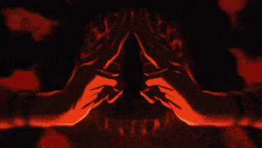 a computer generated image of a person 's face with a red background .