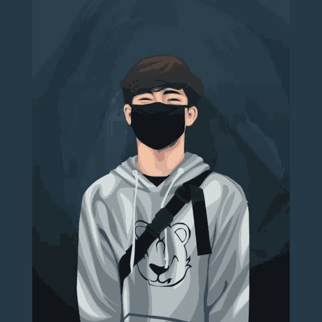 a boy wearing a black mask and a hoodie with a bear on it