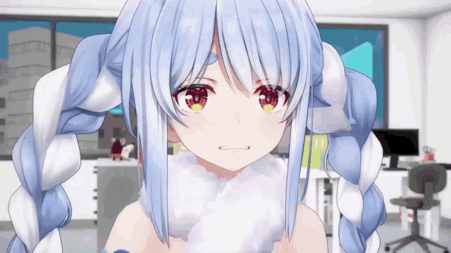 a 3d anime girl with blue hair and red eyes is making a funny face in an office .