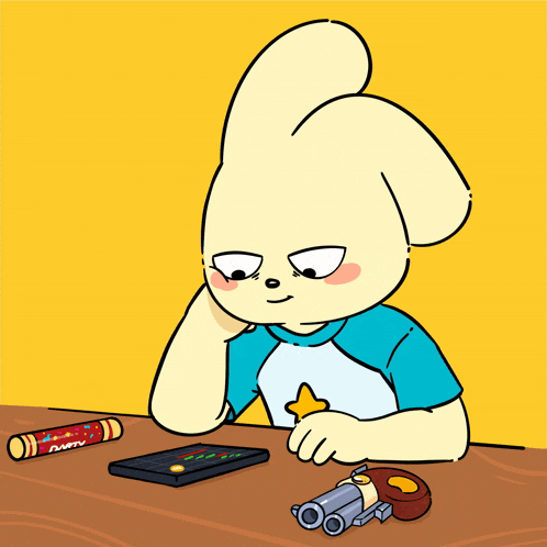 a cartoon rabbit is sitting at a table with a remote control