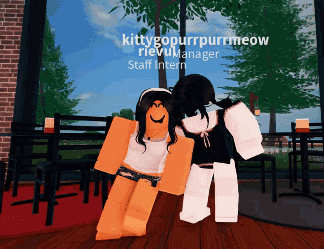 two roblox characters posing for a picture with the name kitty go purr purr meow on the bottom