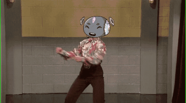 a pixel art of a person dancing with a robot head on their head