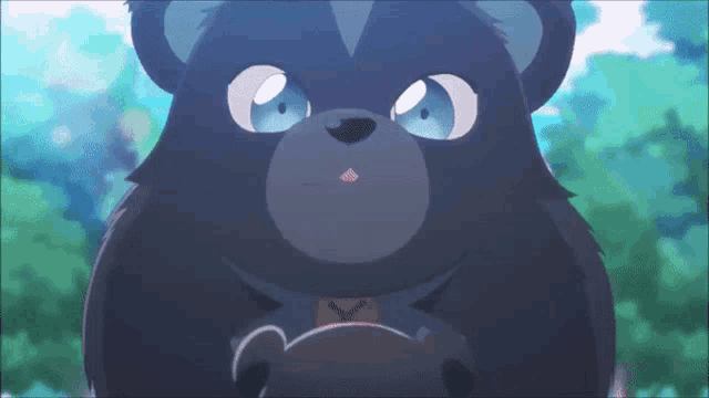 a black teddy bear with blue eyes and a collar