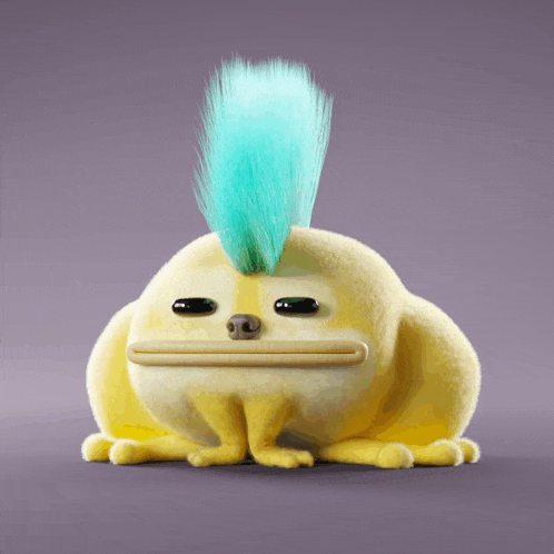 a yellow toy with a blue mohawk on its head