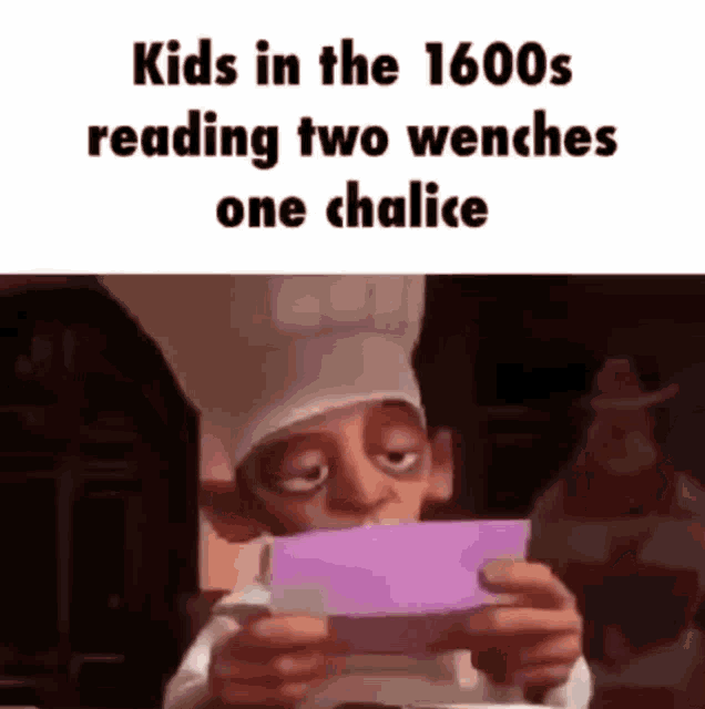 a cartoon character in a chef 's hat is reading a book while holding a purple book .