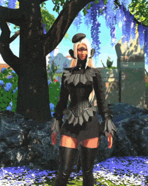a woman wearing a black corset and boots stands in front of a tree