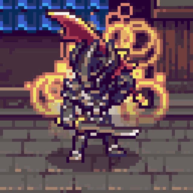 a pixel art of a person standing in front of a fire .