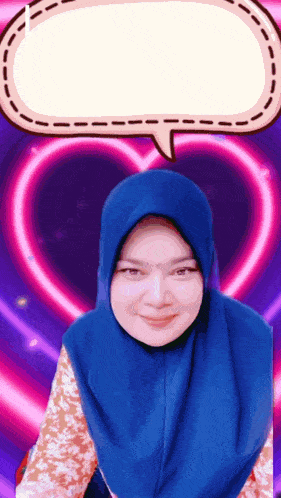 a woman wearing a blue head scarf and a speech bubble with a heart in the background