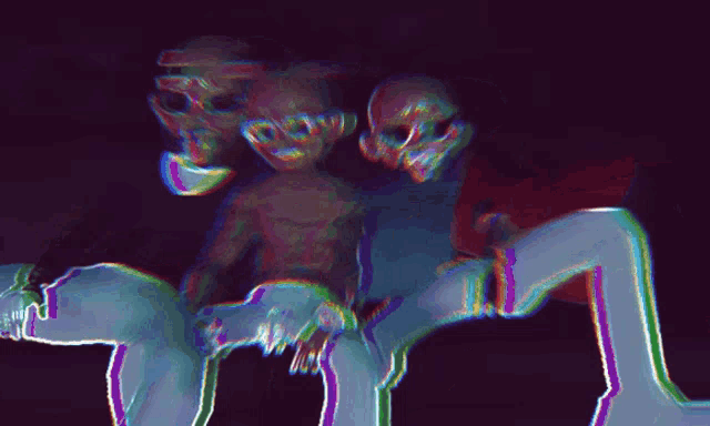 a blurry picture of a person with a skull on their head and a purple background