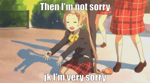 a girl in a school uniform kneeling down with a caption that says then i 'm not sorry
