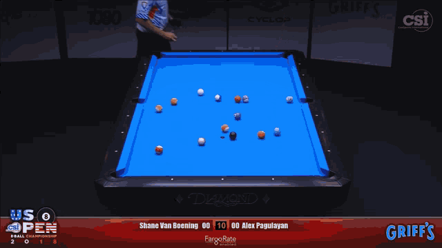 a pool table sponsored by griff 's shows a man playing pool