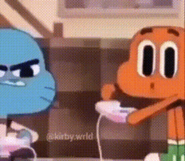 two cartoon characters , gumball and darwin , are playing a video game together .